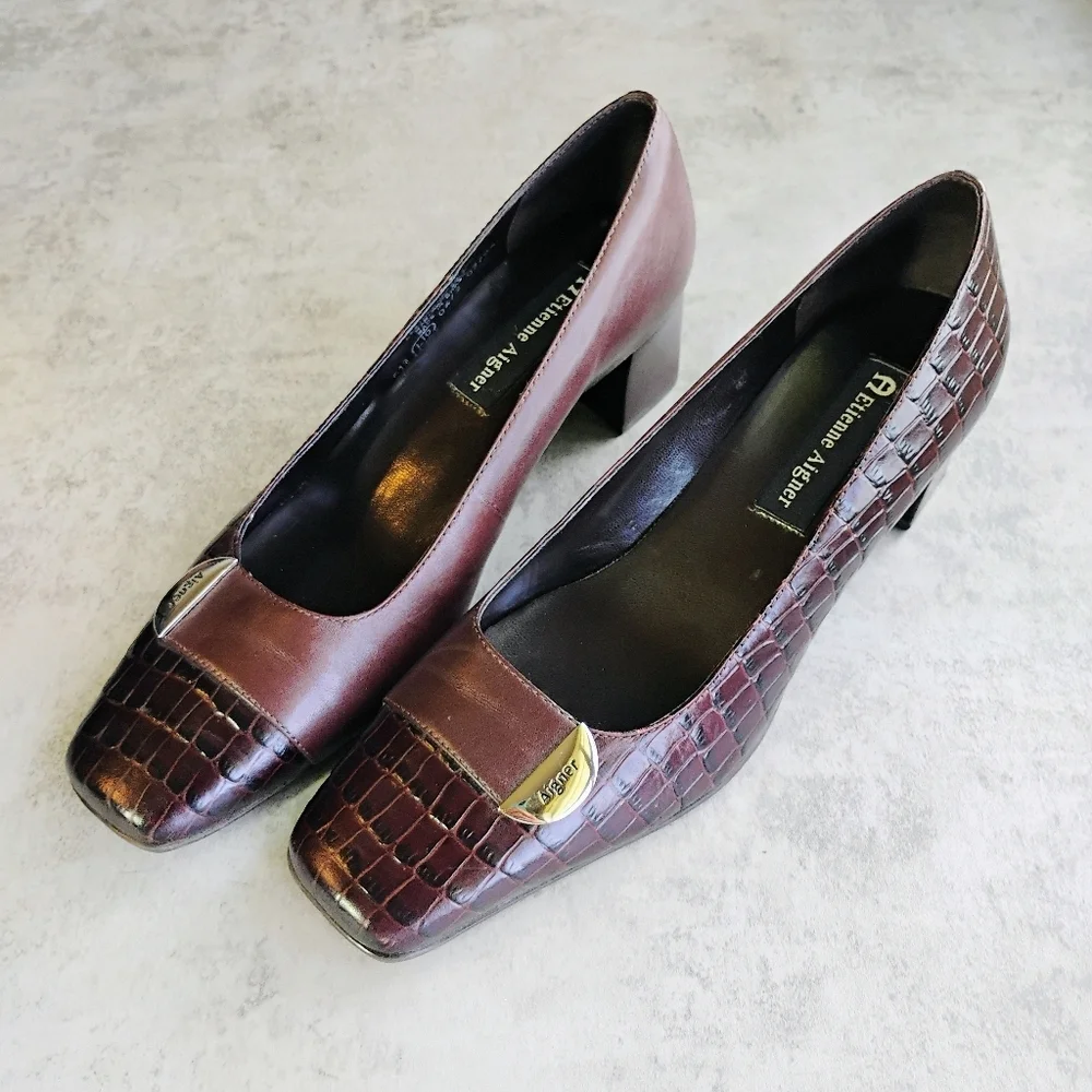 Etienne Aigner Maye Croc Embossed Leather Pumps Womens 7.5W Square Toe‎ Office